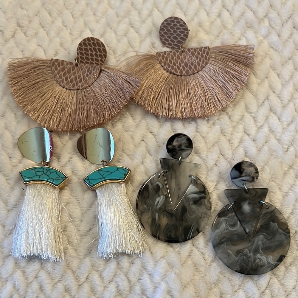 Fashion Earrings 3 sets Tan fringe Turquoise White Black Gray Dangle
